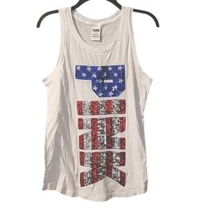 PINK Victoria Secret White Tank Top Silver Sequins Red Blue Stars Stripes  M